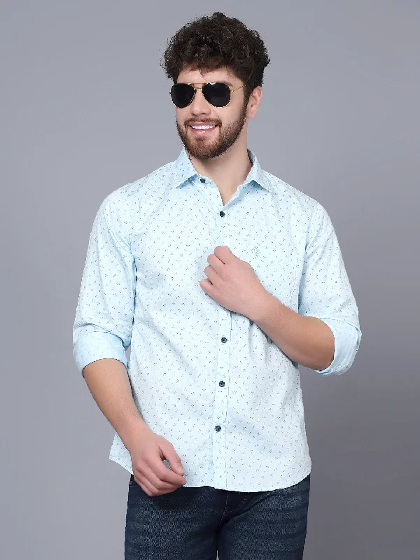 Men's Light Blue Casual Floral Print Full Sleeve Shirt