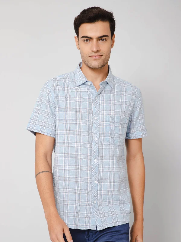 Cotton Blend Checkered Sky Blue Half Sleeve Regular Fit Casual Shirt for Men with Pocket