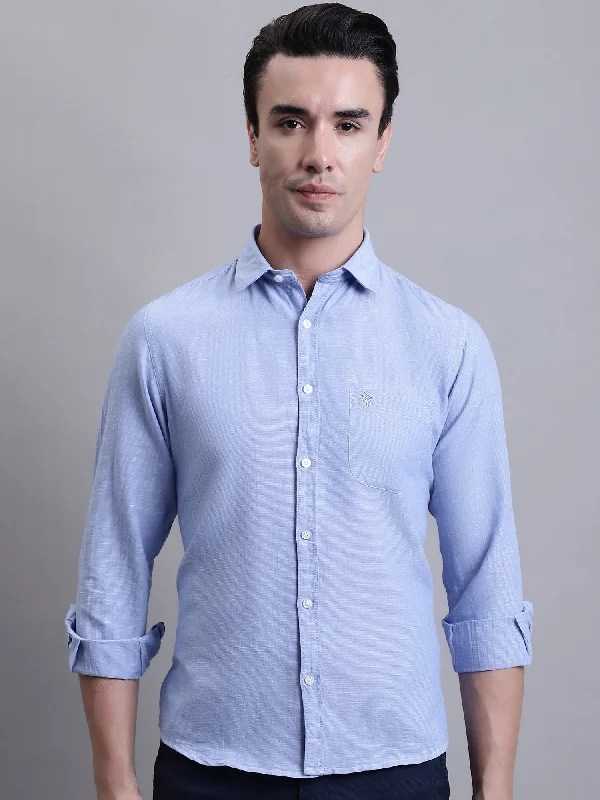 Men's Sky Blue Casual Plain Full Sleeve Shirt