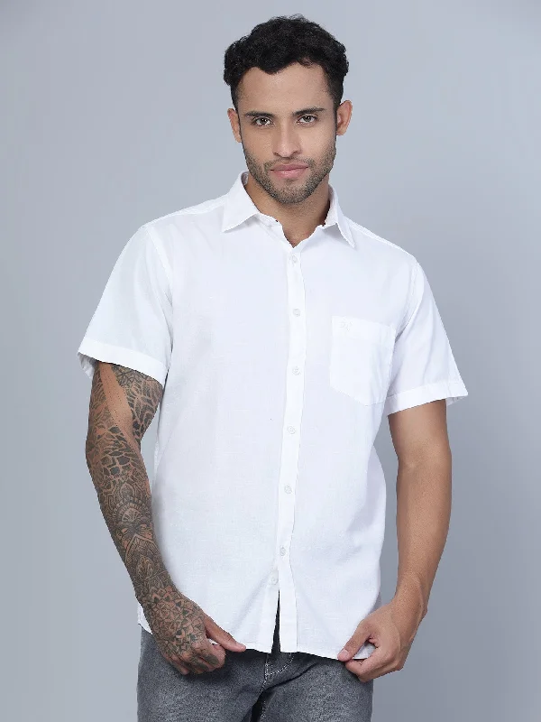 Men's White Casual Plain Half Sleeve Shirt