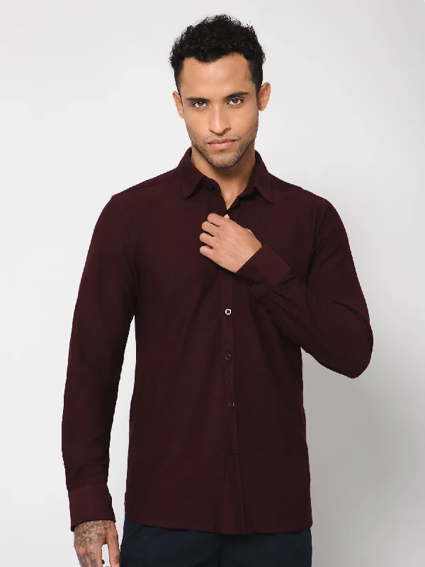 Men's Wine Casual Knit Self Textured Full Sleeve Shirt