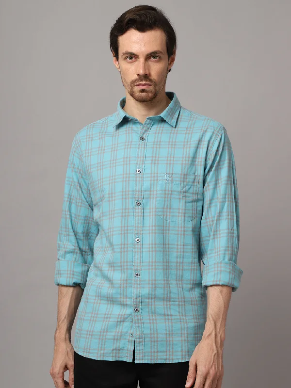 Men's Aqua Blue Casual Medium Checks Full Sleeve Shirt