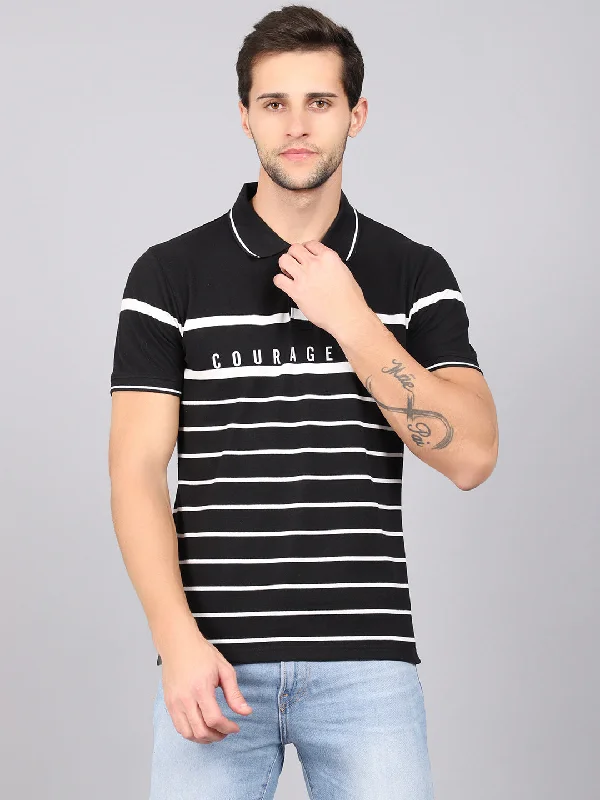 Men's Black Stripe Polo neck Half Sleeve T-Shirt with Print