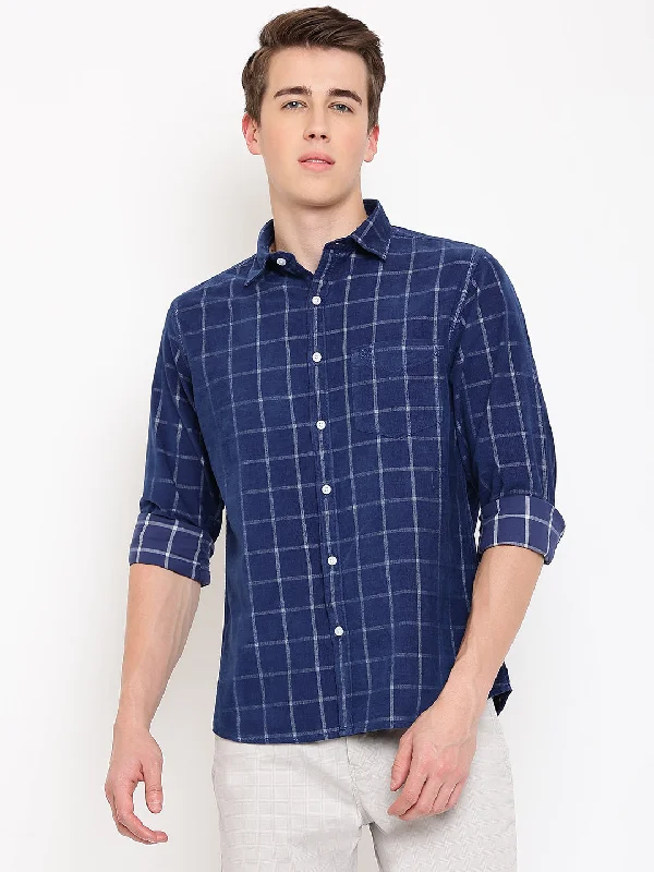 Men's Navy Blue Casual Medium Checks Print Corduroy Full Sleeve Shirt