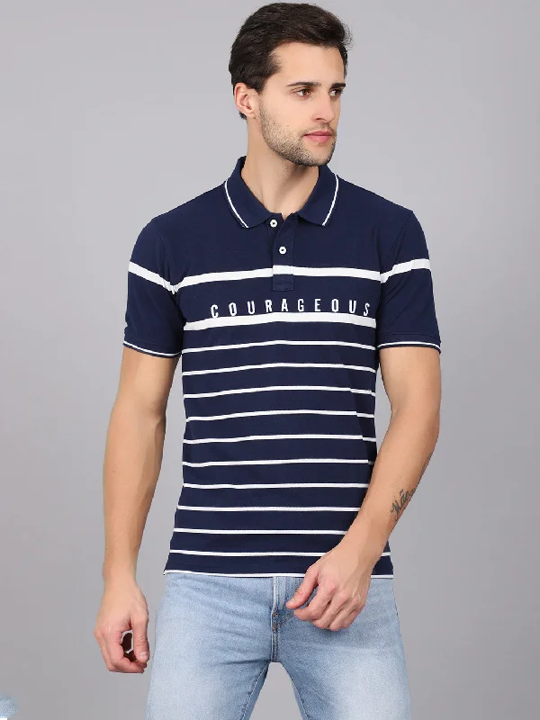 Men's Blue   Stripe Polo neck Half Sleeve T-Shirt with Print