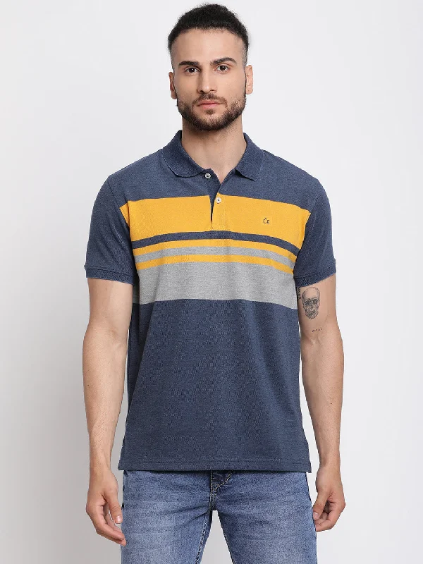 Men's Blue Stripe Polo neck Half Sleeve T-Shirt