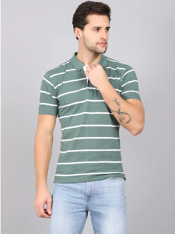 Men's Green Stripe Polo neck Half Sleeve T-Shirt