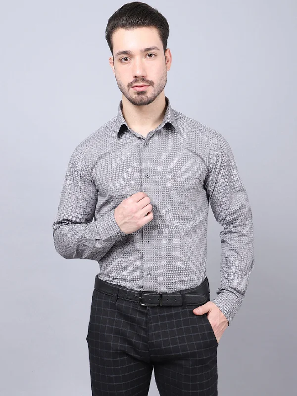 Men's Grey  Formal Geometric Print Full Sleeve Shirt