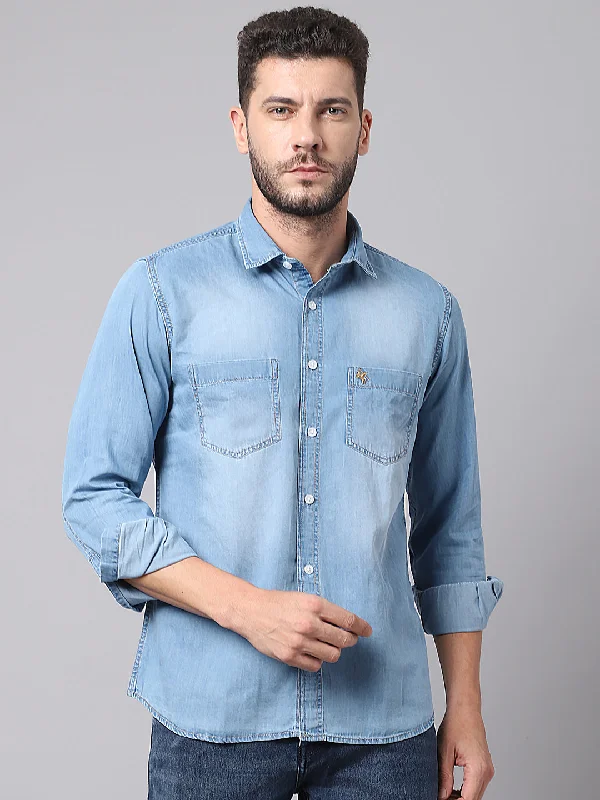 Men's Ice Blue Casual Denim Full Sleeve Shirt