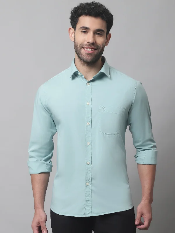 Men's Light Green Casual Plain Stretch Full Sleeve Shirt