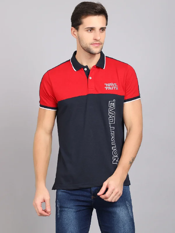 Men's Red Color block Polo neck Half Sleeve T-Shirt with print & tape detail on shoulder