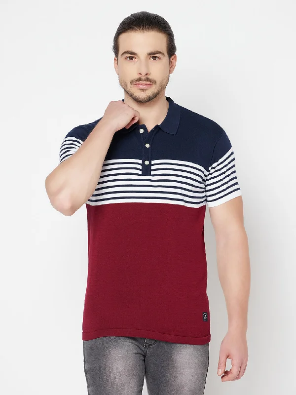 Men's Maroon Placement Stripe Polo neck Half Sleeve Flatknit T-Shirt