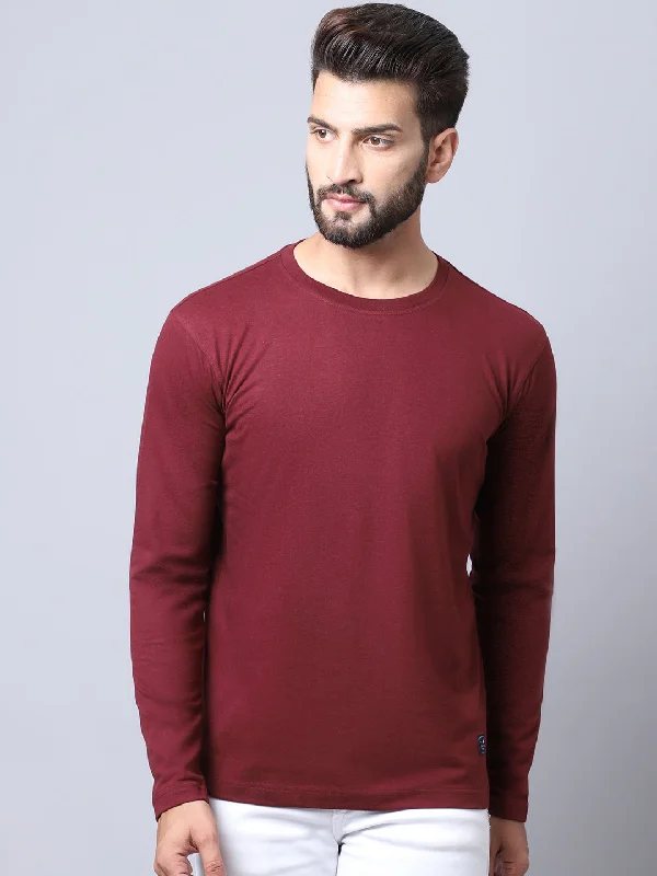 Men Round Neck Full Sleeves Winter Wear Maroon T-Shirt