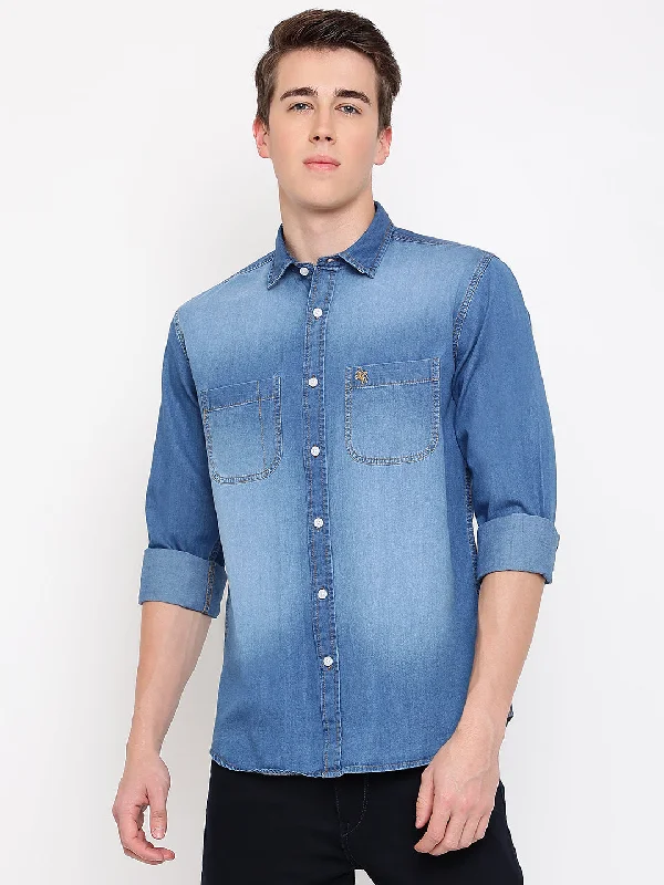 Men's Mid Blue Casual Denim Full Sleeve Shirt