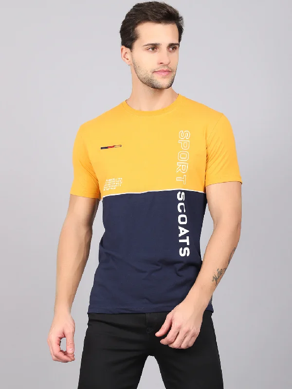 Men's Mustard Color block Round neck Half Sleeve T-Shirt with Print