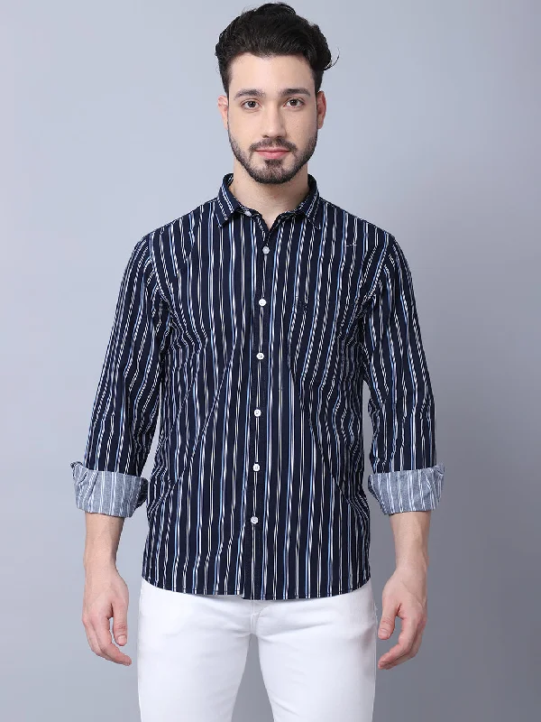 Men's Navy Blue Casual Narrow Stripe Full Sleeve Shirt