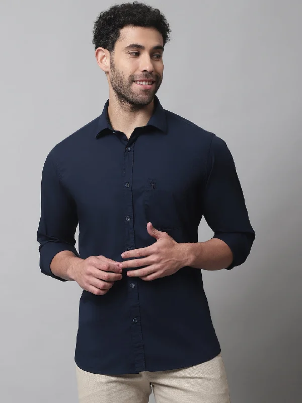 Men's Navy Blue Casual Plain Stretch Full Sleeve Shirt