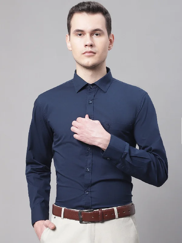 Men's Navy Blue Casual Plain Stretch Full Sleeve Shirt