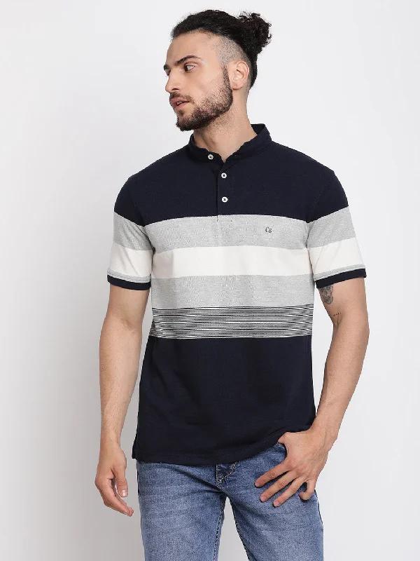 Men's Navy Blue Stripe Mandarin neck Half Sleeve T-Shirt