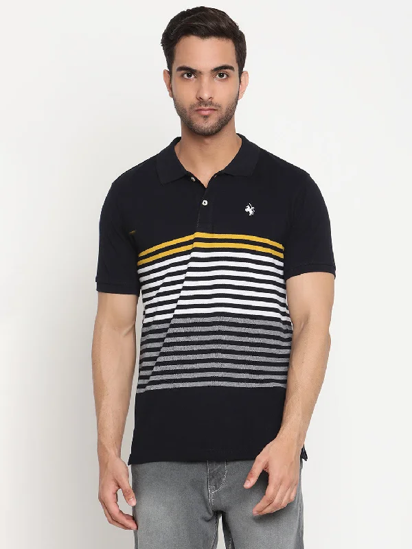 Men's Navy Blue Stripe Polo neck Half Sleeve T-Shirt