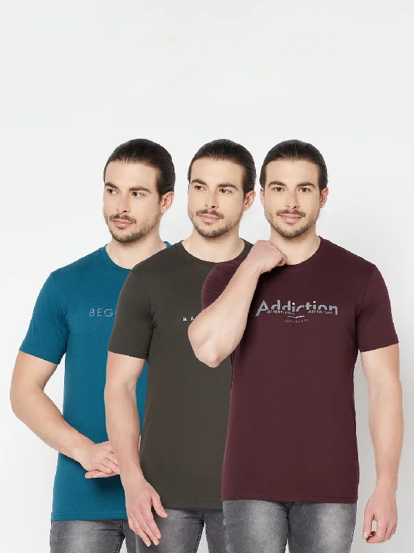 Men's Pack of 3 Round neck Half Sleeve T-Shirt Airforce Blue,Olive Green, Wine