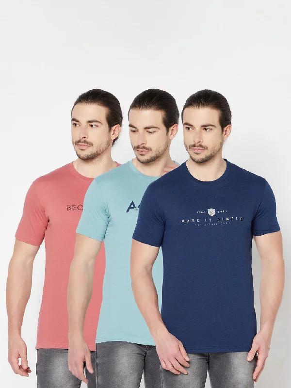 Men's Pack of 3 Round neck Half Sleeve T-Shirt Coral, Light Blue,Navy Blue