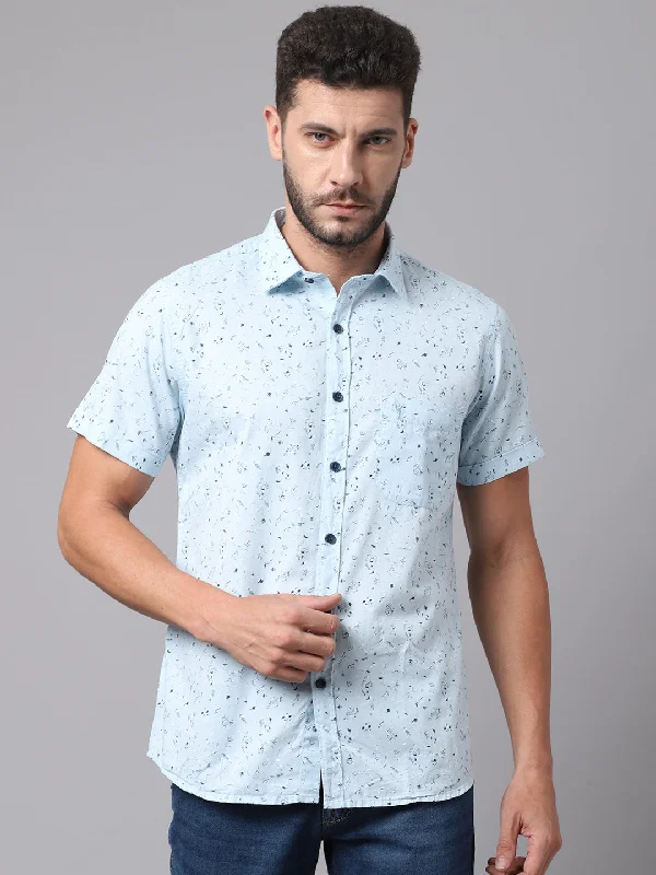 Men's Sky Blue Casual Floral Ditsy Print Half Sleeve Shirt