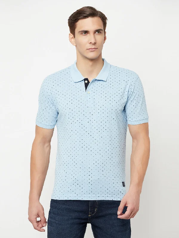 Men's Sky Blue All over print Polo neck Half Sleeve T-Shirt