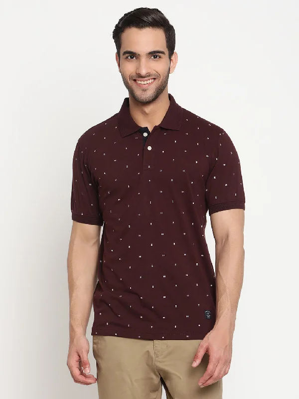 Men's Wine All over print Polo neck Half Sleeve T-Shirt