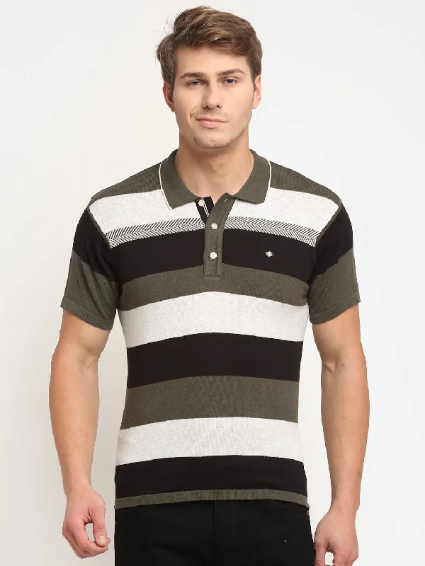 Men's Olive Green Stripe Polo neck Half Sleeve T-Shirt