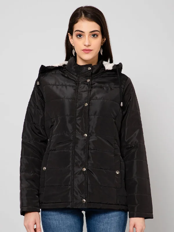 Women's Casual  Black Quilted Detachable Hood lined with Soft Faux Fur Jacket