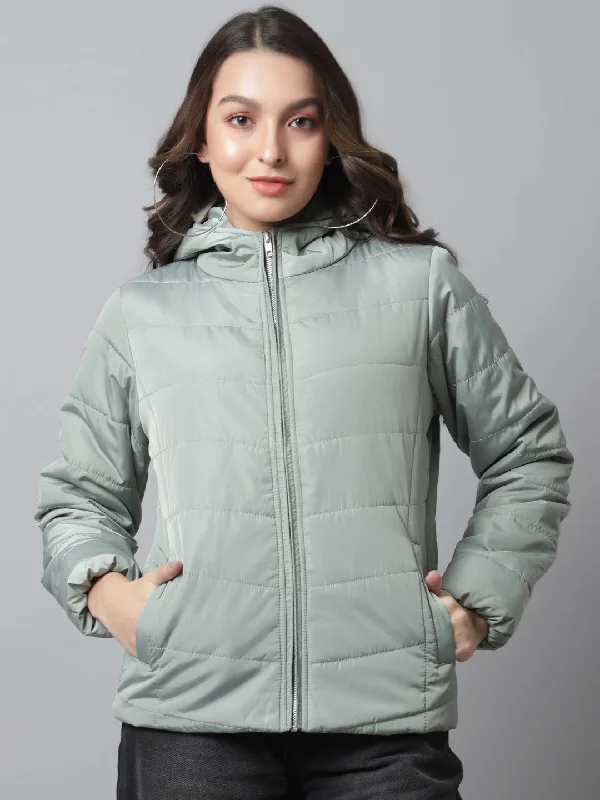 Women's Casual  Green Quilted Hood with Faux Fur trim Jacket