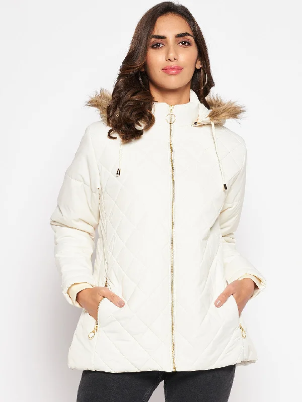 Women's Casual  Ivory Quilted Detachable Hood with Faux Fur trim Jacket