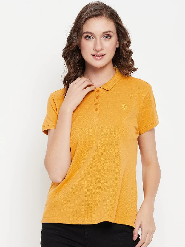 Women's Casual Regular Short Sleeve Mustard Polo neck  T-Shirt