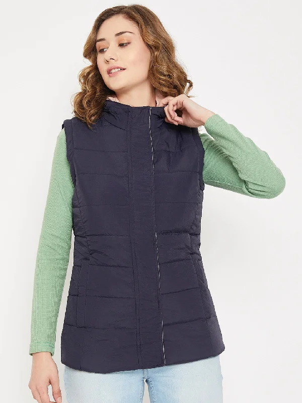 Women's Casual  Navy Blue Quilted Hood   Bomber Jacket