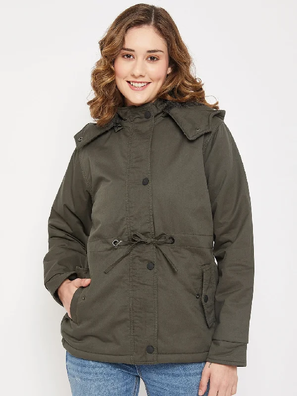 Women's Casual  Olive Green Non quilted Detachable Hood lined with Soft Faux Fur Jacket