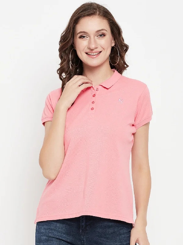 Women's Casual Regular Short Sleeve Pink Polo neck  T-Shirt