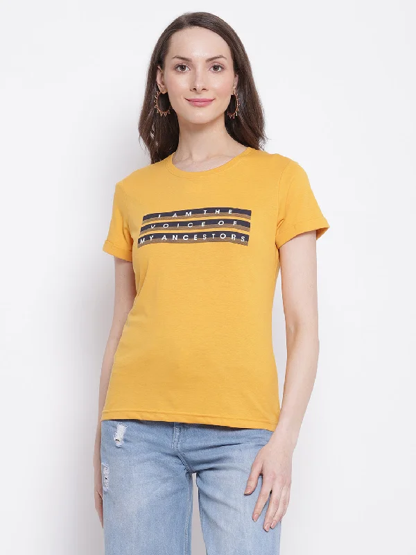 Women's Casual Regular Short Sleeve Mustard Round neck Typographic Print T-Shirt