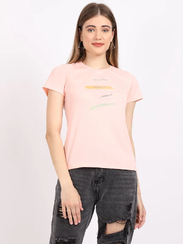 Women's Casual Regular Short Sleeve Pink Round neck Typographic Print T-Shirt