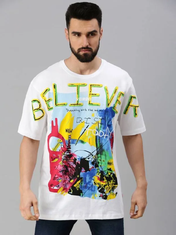 Believer White Oversized Front Graphic  Printed Tshirt(Free Size)