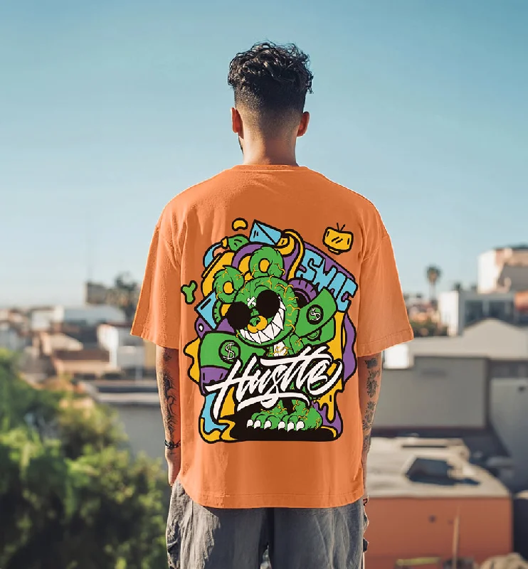 HUSTLE Orange Oversized Back Graphic Printed Tshirt