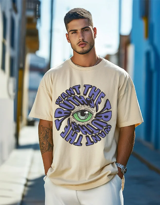 Truth Beige Oversized Chest Graphic Printed Tshirt